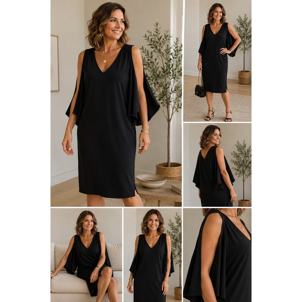 Ralph Lauren‎ Black Cold Shoulder Shift Dress S Classic Little Black Dress